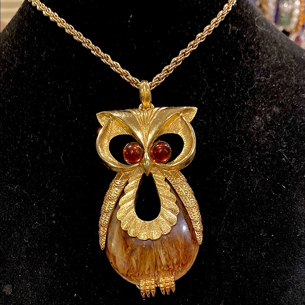 Whimsical Heavy Gold Tone Owl Pendant and Chain. Amber Color Eyes. Body Glows.